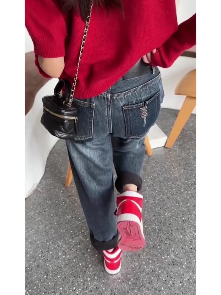 Pear Shape Body  Large Size Contrast Color Harem Jeans Women's Fat MM Autumn and Winter Velvet Thickened Wide Leg Carrot Pants