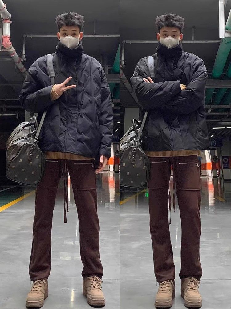 Autumn and winter thickened warm cotton-padded clothes for men and women, stand-up collar American retro rhombus wrinkled design handsome jacket