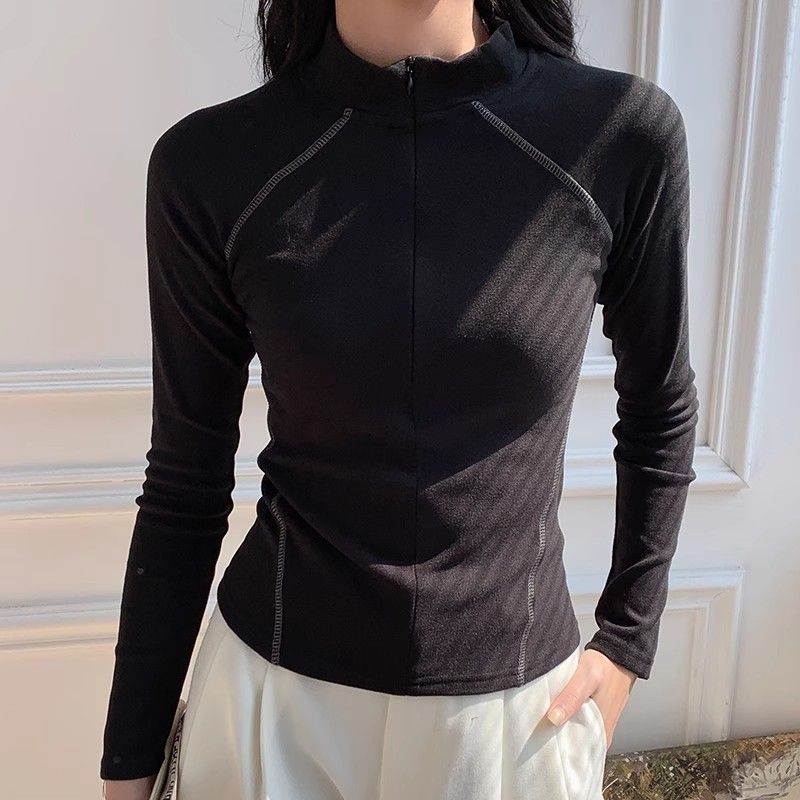 美式辣妹修身德絨磨毛半拉鏈打底衫女秋冬顯瘦半高領長袖T恤上衣