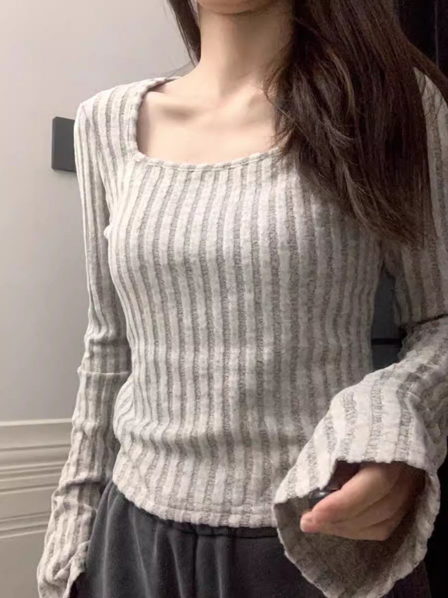 正肩方領針織打底衫女秋冬新款內搭修身收腰顯瘦辣妹短款長袖上衣