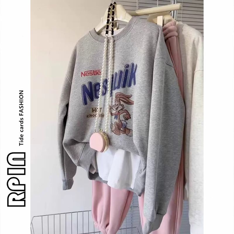 RPIN特大碼300斤印花秋冬加絨加厚上衣寬鬆女款韓版復古圓領衛衣
