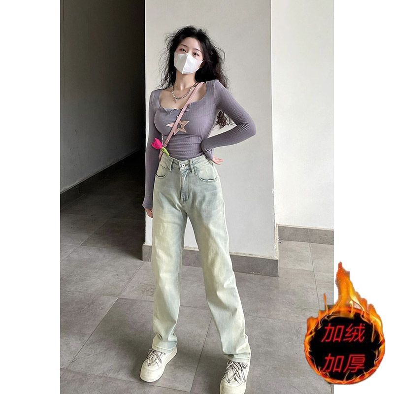 美式復古寬鬆直筒褲子女高腰黃泥染加絨加厚牛仔褲辣妹顯瘦長褲潮