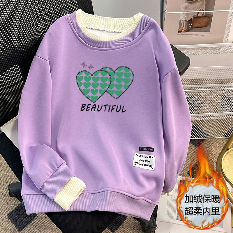 2023秋季新款簡約時尚套頭圓領長袖衛衣女裝寬鬆休閒印花加絨上衣