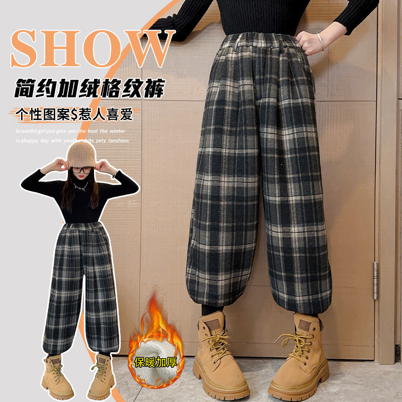 女童加絨褲子2023新款兒童冬季加厚羊羔絨休閒褲中大童保暖束腳褲
