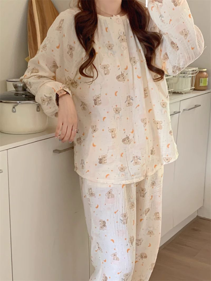 韩版卡通纱布睡衣春秋季女甜美可爱套头长袖宽松可外穿家居服套装