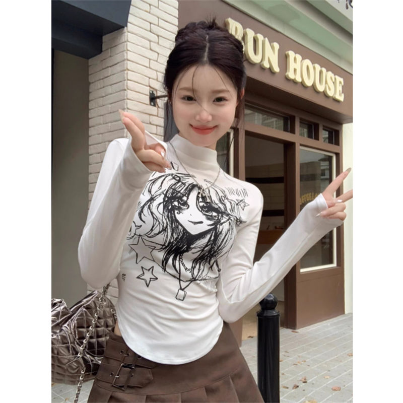 春秋薄款打底衫女新款2024白色t恤女長袖半高領修身內搭外穿上衣