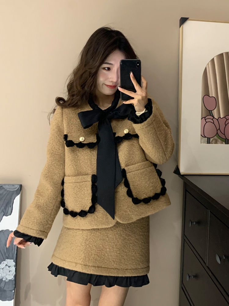 Damen Französischer Winteranzug Little Style Melard Langarmjacke Cardigan Rock Passendes Set_voghion.com