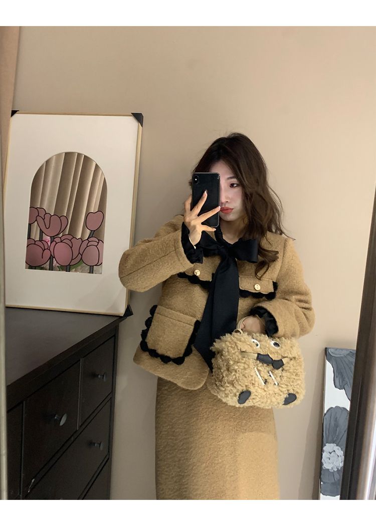 Damen Französischer Winteranzug Little Style Melard Langarmjacke Cardigan Rock Passendes Set_voghion.com
