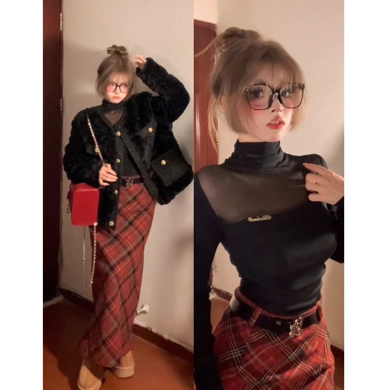 兩件套裝2023秋冬新款純欲黑色半高領蕾絲上衣女+高腰格紋半身裙