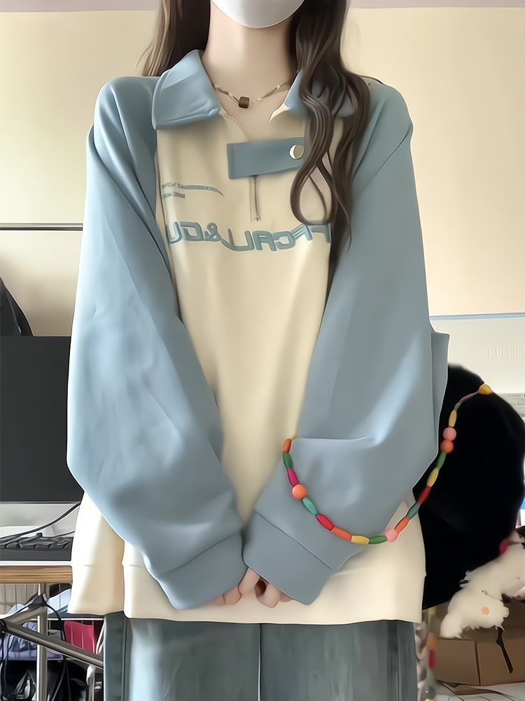 韓系校園風!!!【半拉鏈polo領】美式復古插肩袖衛衣女INS韓版上衣