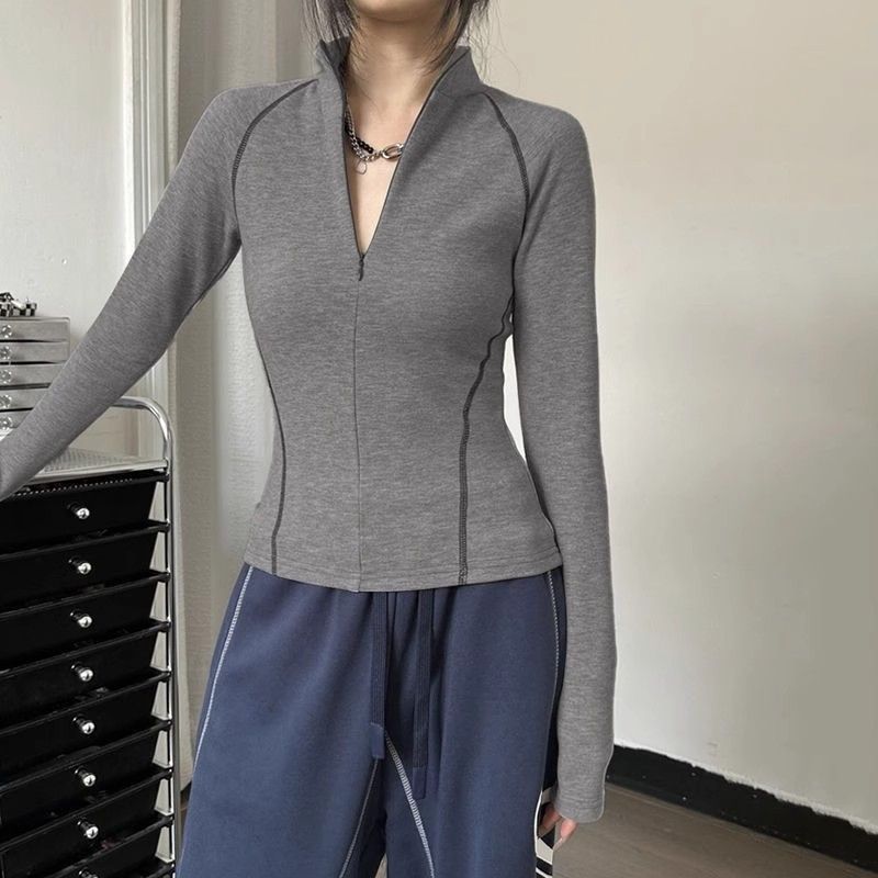 韓版半拉鏈德絨加厚半高領t恤打底衫女秋冬季修身顯瘦長袖上衣潮