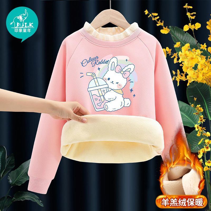 Girls' sweatshirts, thickened velvet, autumn and winter clothes,  new children's tops, girls' fashionable middle-aged children's winter clothes