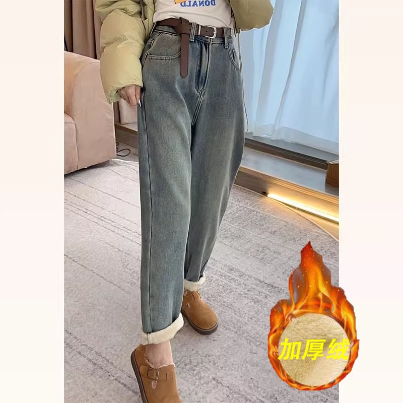 大碼加絨加厚哈倫牛仔褲女2023年秋冬新款高腰顯瘦九分直筒老爹褲