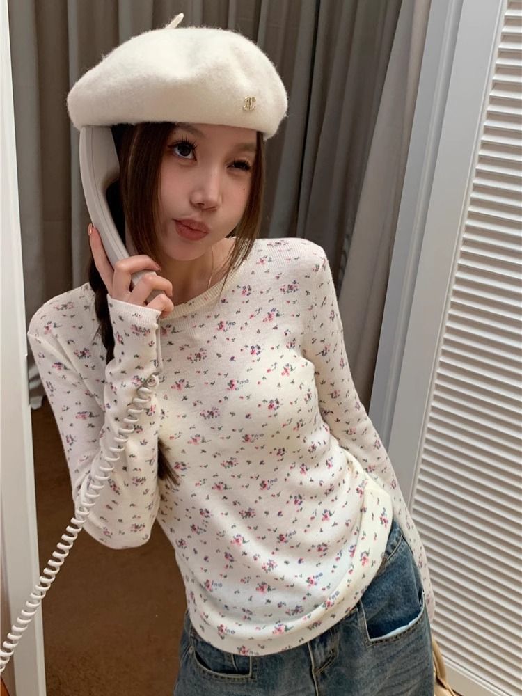德絨秋冬季新款保暖打底衫復古顯瘦潮碎花修身長袖針織衫女上衣
