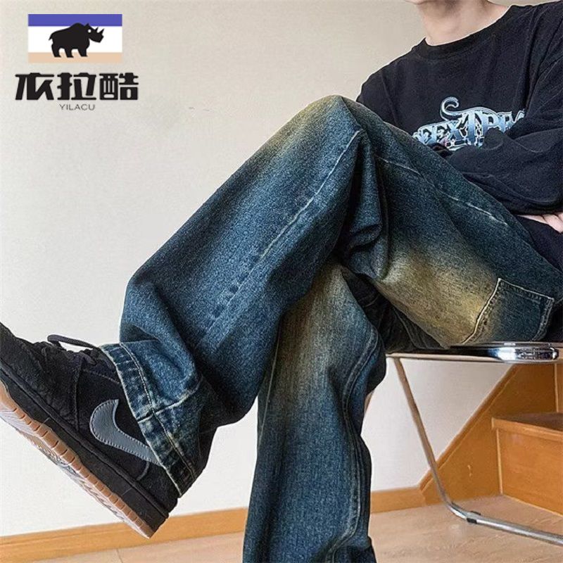 學生男美式高街hiphop重工藝微喇復古藍牛仔褲設計感小眾潮流