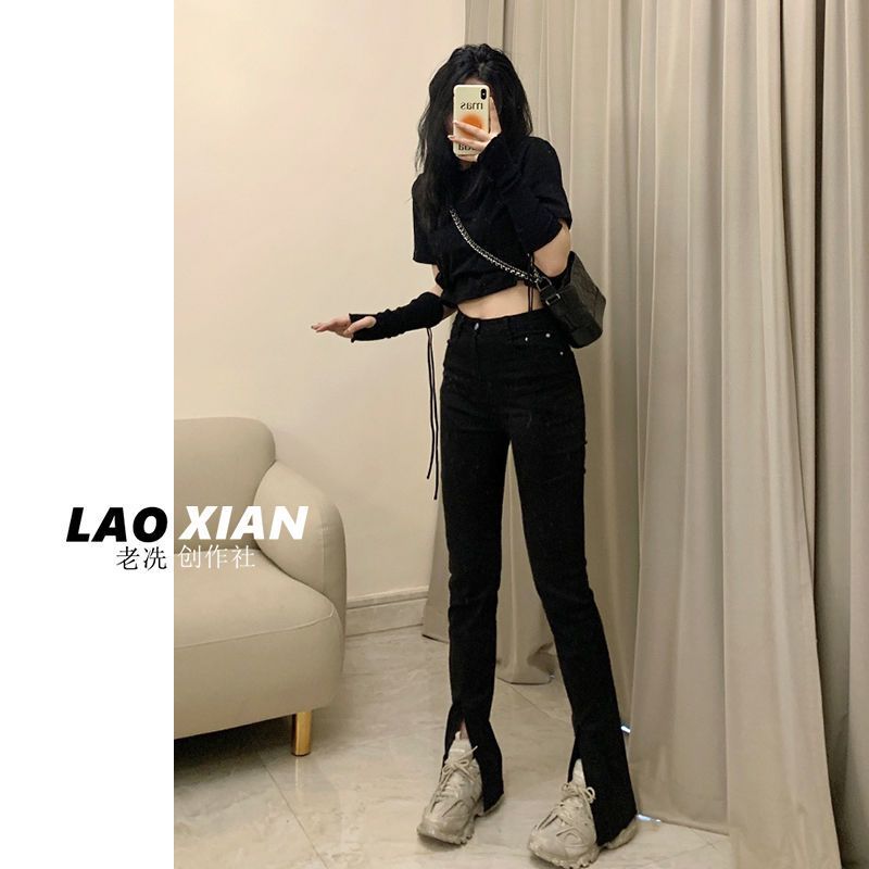 Black slit jeans mm new spring and autumn straight high-waisted long version slim stretch pants for small people