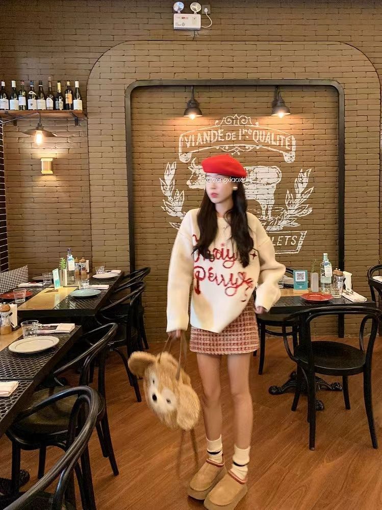 PROMONE甜美聖誕穿搭女冬季慵懶風軟糯毛衣寬鬆顯瘦加厚上衣外穿