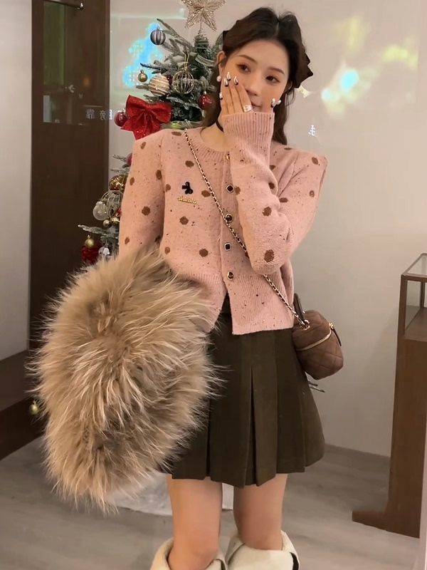 Autumn and winter new style lazy style French style small waist slimming round neck knitted cardigan with sweater for women