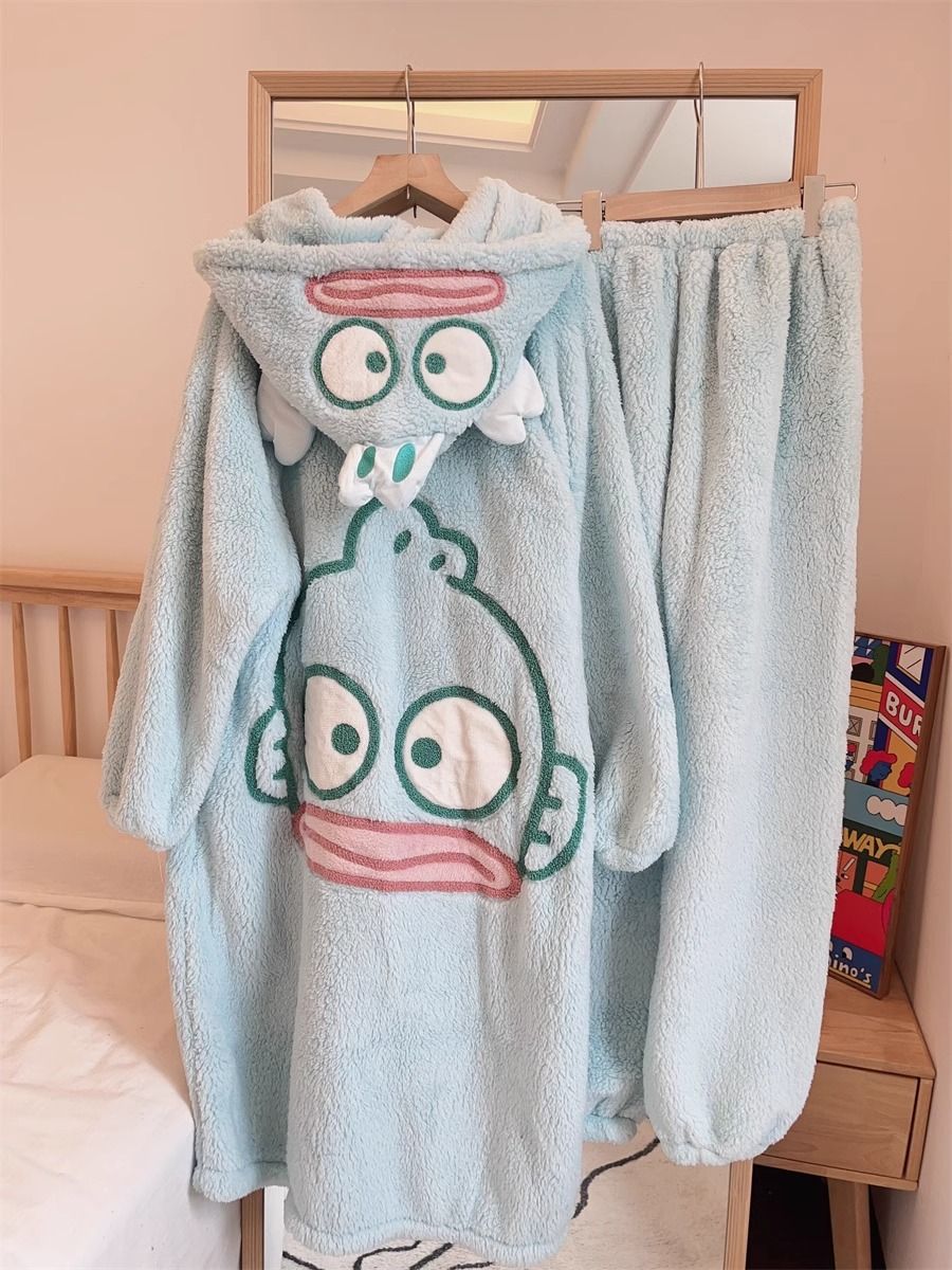 睡衣女冬季珊瑚絨法蘭絨加厚網紅卡通丑魚長款睡袍秋冬家居服套裝