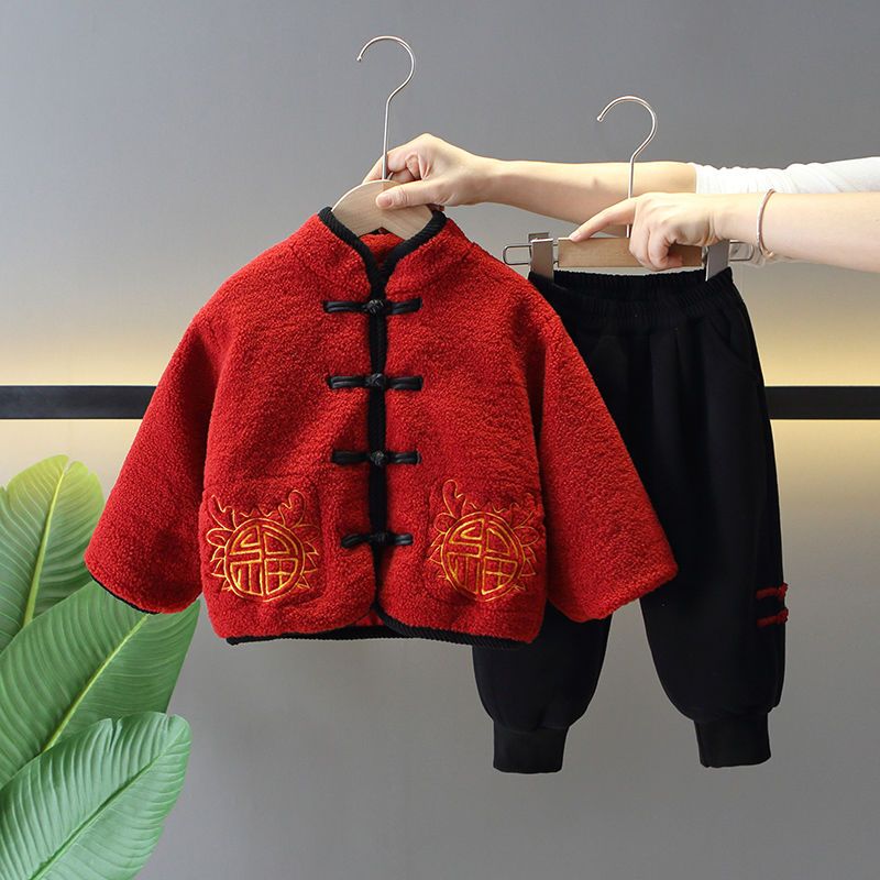 寶寶新中式拜年服套裝女童紅色喜慶年服男童冬季加厚中國風兩件套