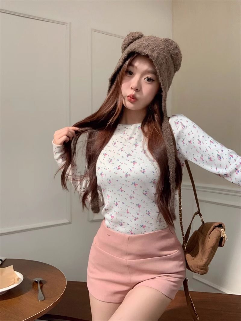 甜美減齡碎花德絨針織衫女裝秋冬新款法式小眾修身保暖打底衫上衣