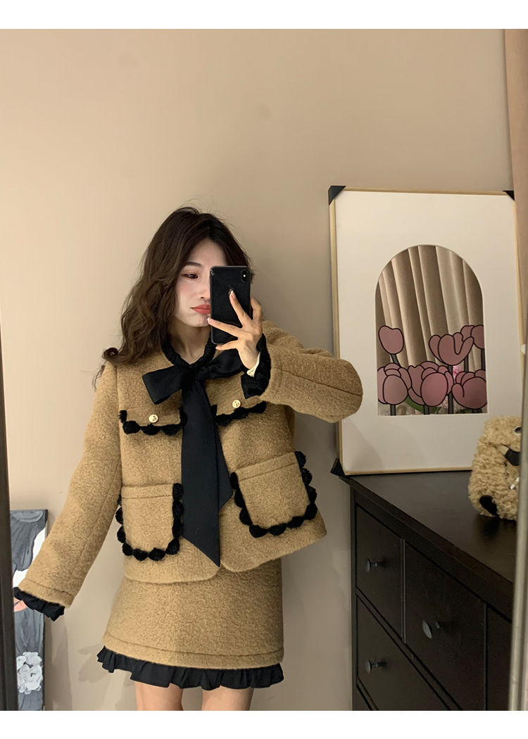 Damen Französischer Winteranzug Little Style Melard Langarmjacke Cardigan Rock Passendes Set_voghion.com
