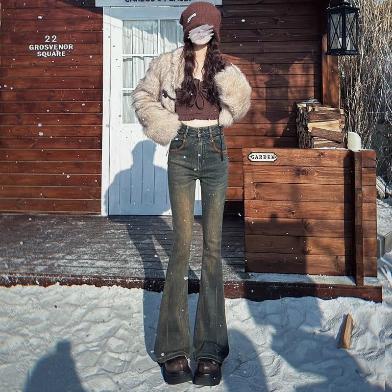 复古喇叭牛仔裤女年秋冬季新款加绒高腰外穿显瘦弹力微喇叭裤
