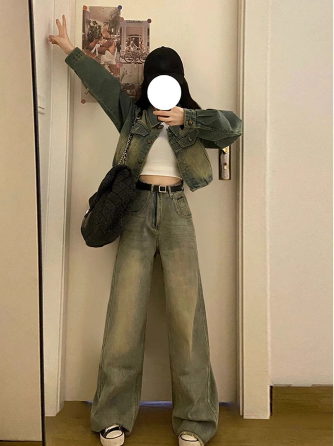 美式做舊復古水洗寬鬆直筒牛仔褲女高腰垂感拖地闊腿褲毛邊長褲子