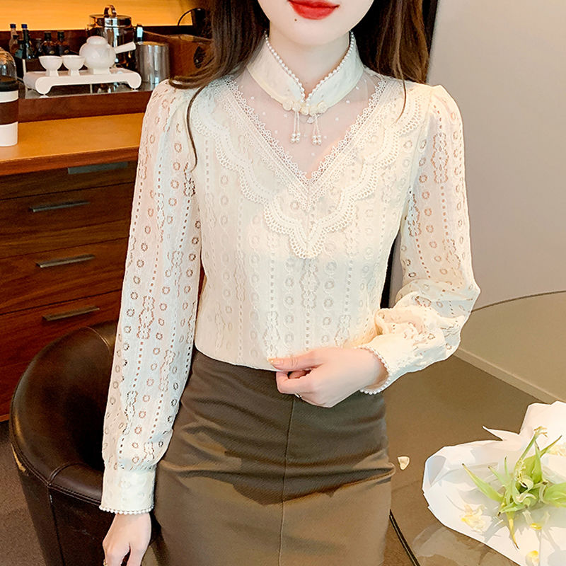 新中式國風蕾絲打底衫女秋冬季加絨加厚內搭洋氣高端別致小衫上衣