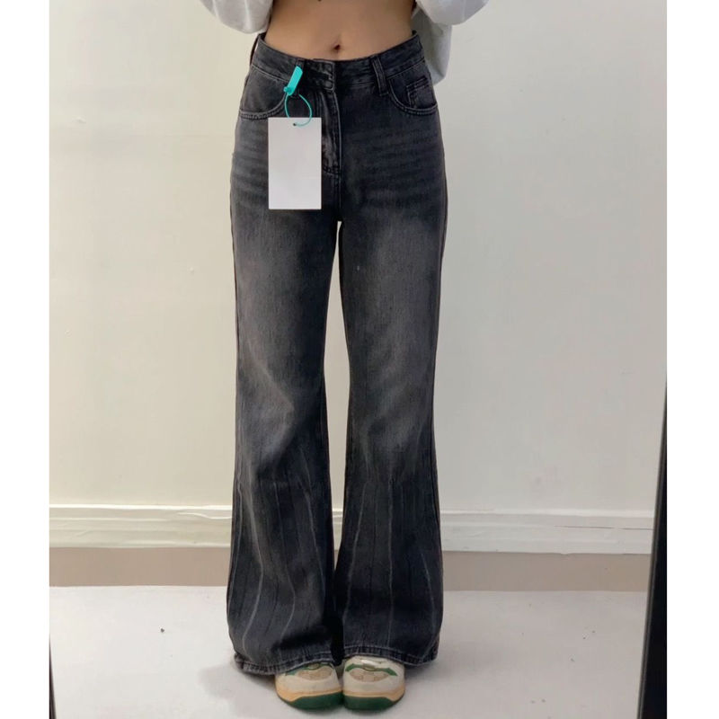 復古做舊黑灰色微喇叭牛仔褲女小個子高腰直筒顯瘦闊腿拖地長褲潮