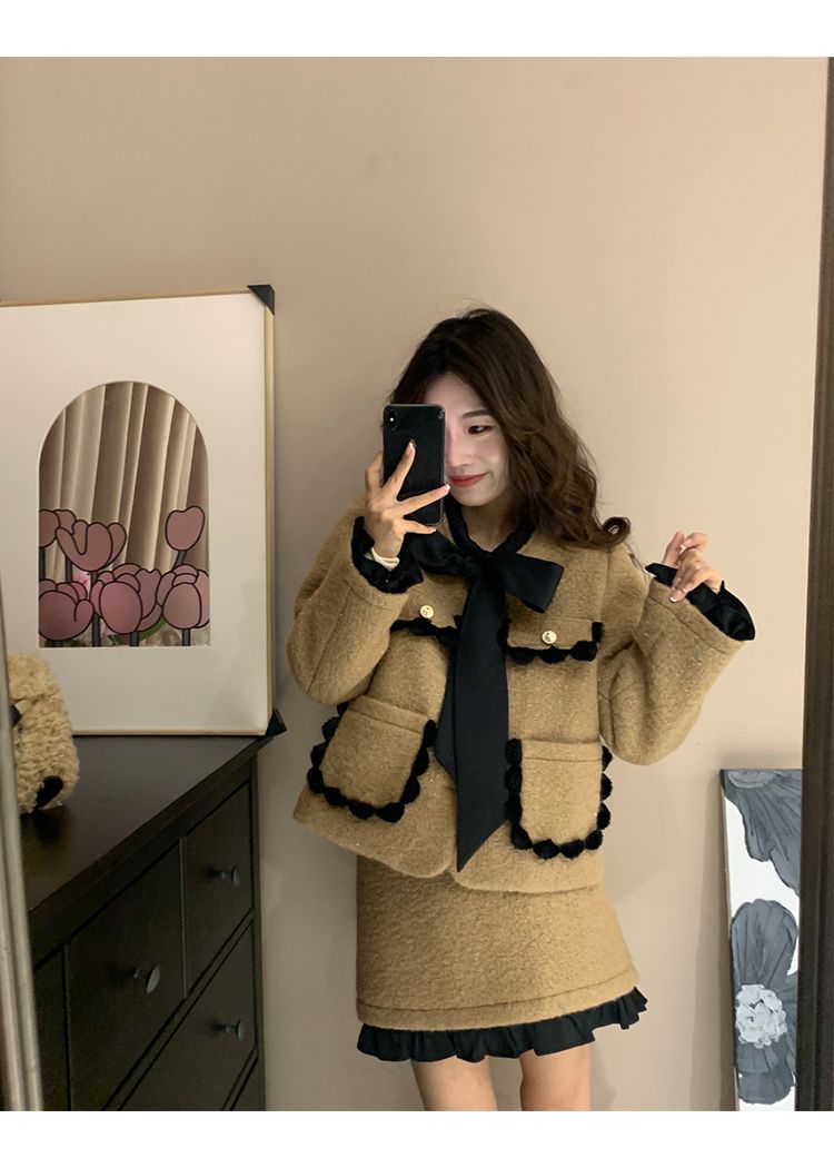 Damen Französischer Winteranzug Little Style Melard Langarmjacke Cardigan Rock Passendes Set_voghion.com