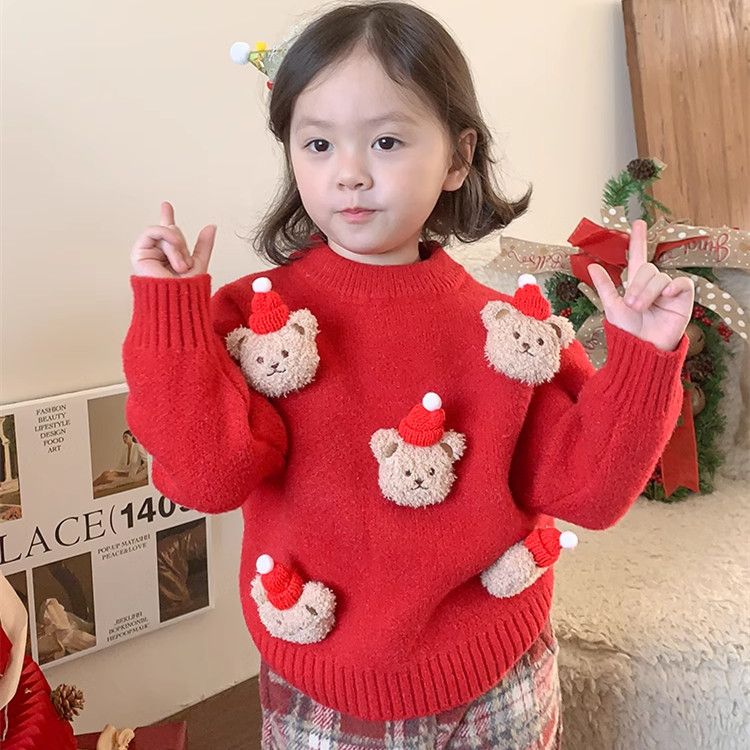 儿童冬季女童新款圣诞小熊加厚针织打底红色毛衣秋冬款女宝宝