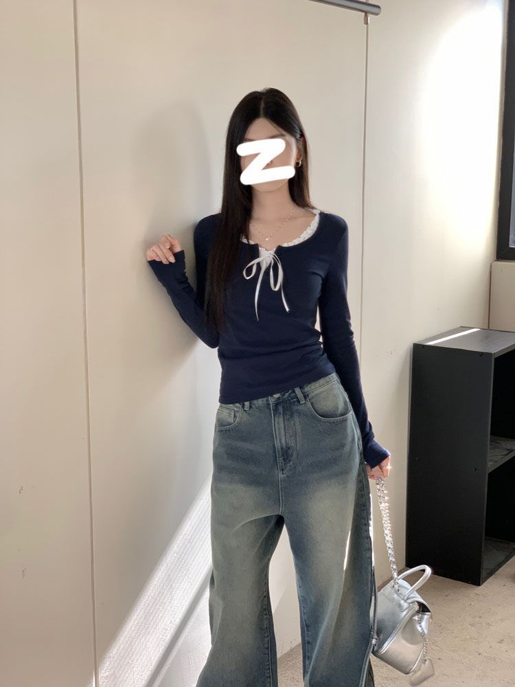 系帶蝴蝶結長袖T恤女2023冬季假兩件花邊領法式甜美純欲風打底衫