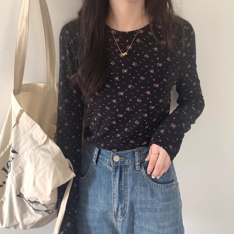 黑色碎花長袖T恤新款秋冬韓系修身顯瘦自發熱打底衫內搭正肩上衣