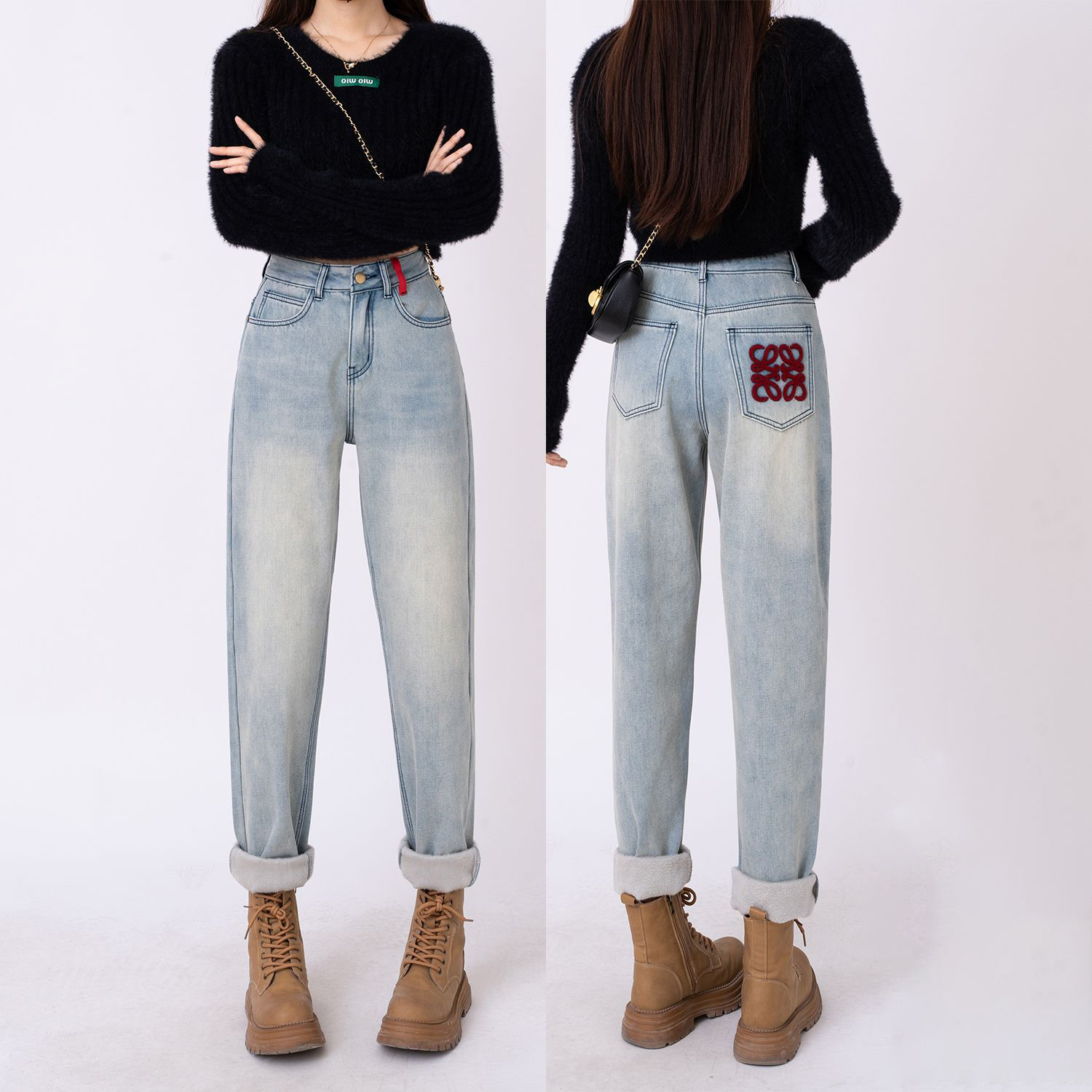 字母刺繡設計感老爹牛仔褲女2023新款冬季加絨加厚高腰寬鬆哈倫褲