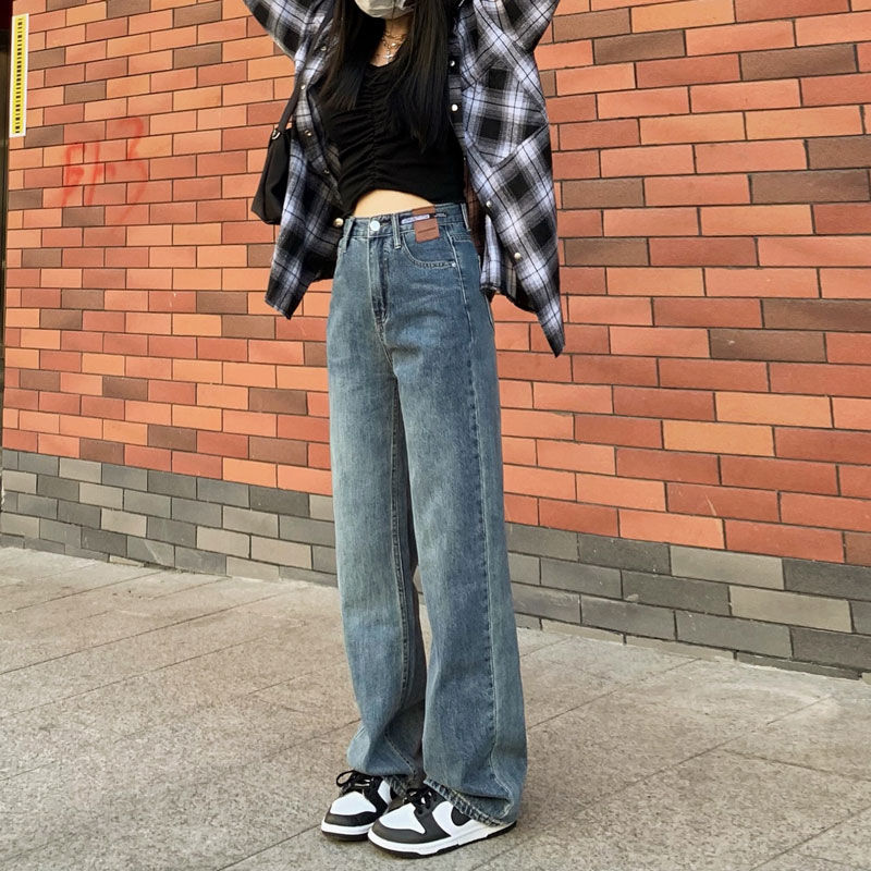 復古皮牌闊腿拖地牛仔褲女韓版高腰秋冬休閒設計感寬鬆直筒牛仔褲