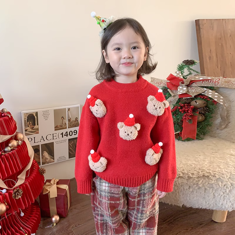 儿童冬季女童新款圣诞小熊加厚针织打底红色毛衣秋冬款女宝宝