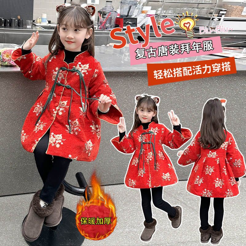 女童國風唐裝拜年服洋氣秋冬款公主裙2024兒童旗袍裙禮服中國風潮