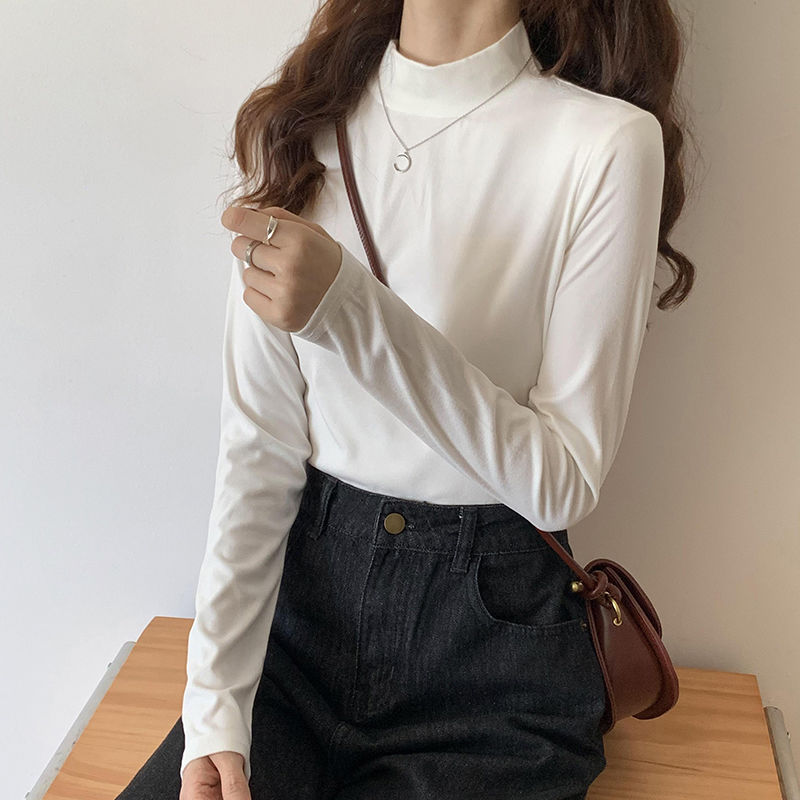 加厚加絨半高領內搭女秋季韓版2023新款修身顯瘦韓系長袖打底衫