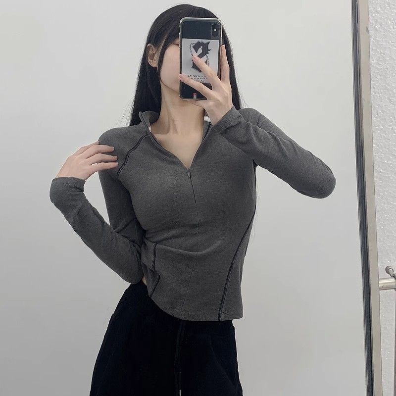 德絨打底衫女內搭拉鏈半高領秋冬季加絨長袖t恤美式甜辣修身上衣