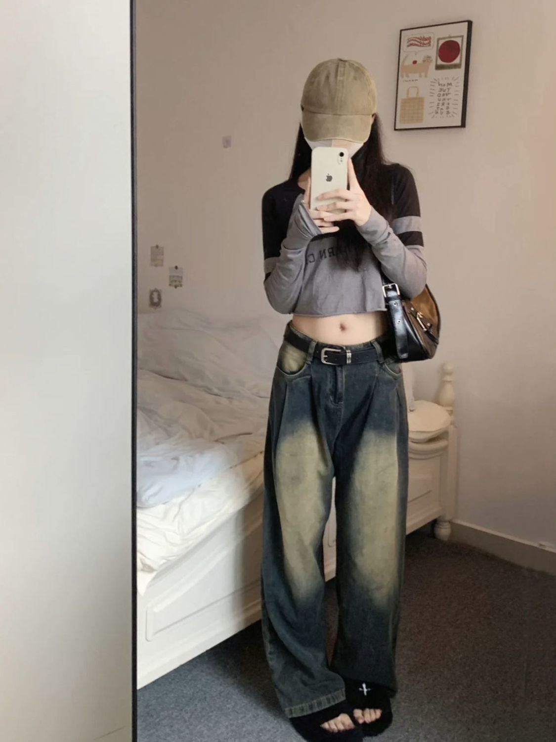 美式高街水洗高腰闊腿牛仔褲女冬季新款高腰寬鬆百搭顯瘦拖地褲子