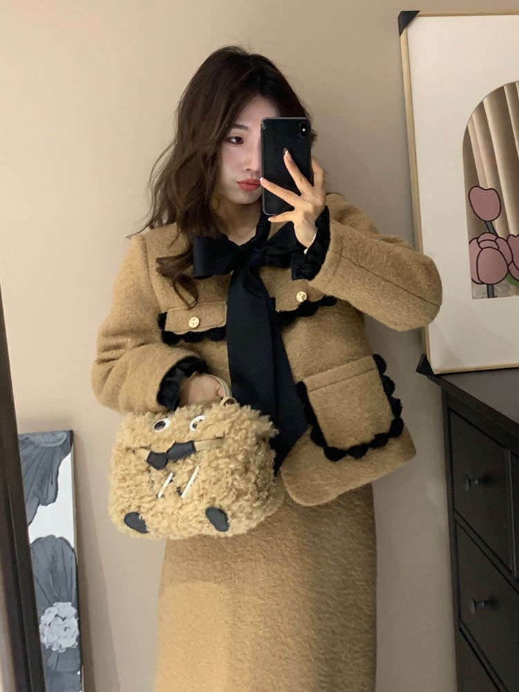 Damen Französischer Winteranzug Little Style Melard Langarmjacke Cardigan Rock Passendes Set_voghion.com