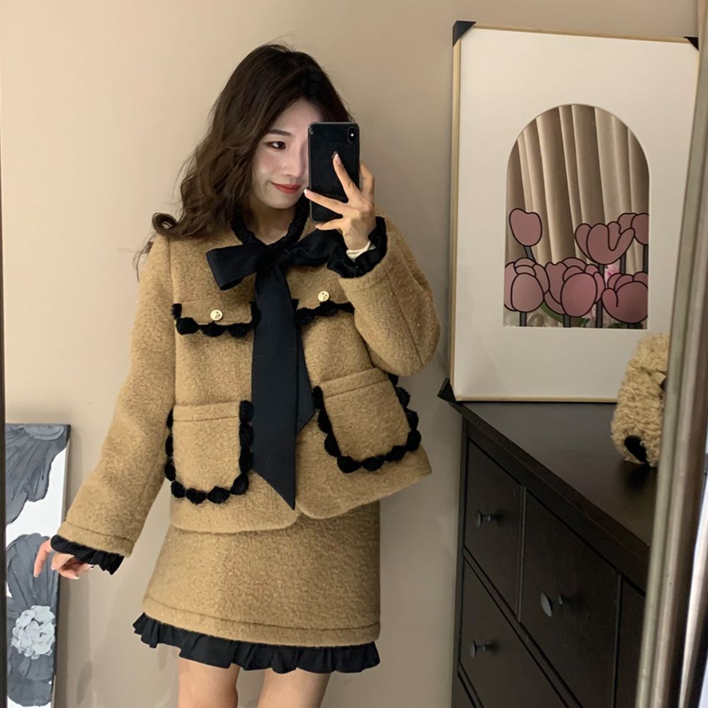 Damen Französischer Winteranzug Little Style Melard Langarmjacke Cardigan Rock Passendes Set_voghion.com