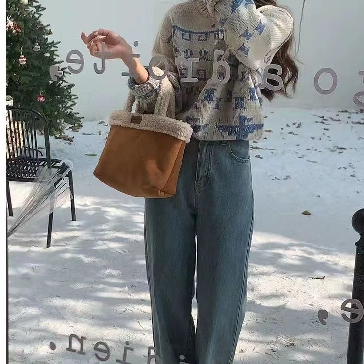 韓國小眾鹿皮絨羊羔毛手提菜籃子毛絨絨雙面背手拎水桶包女