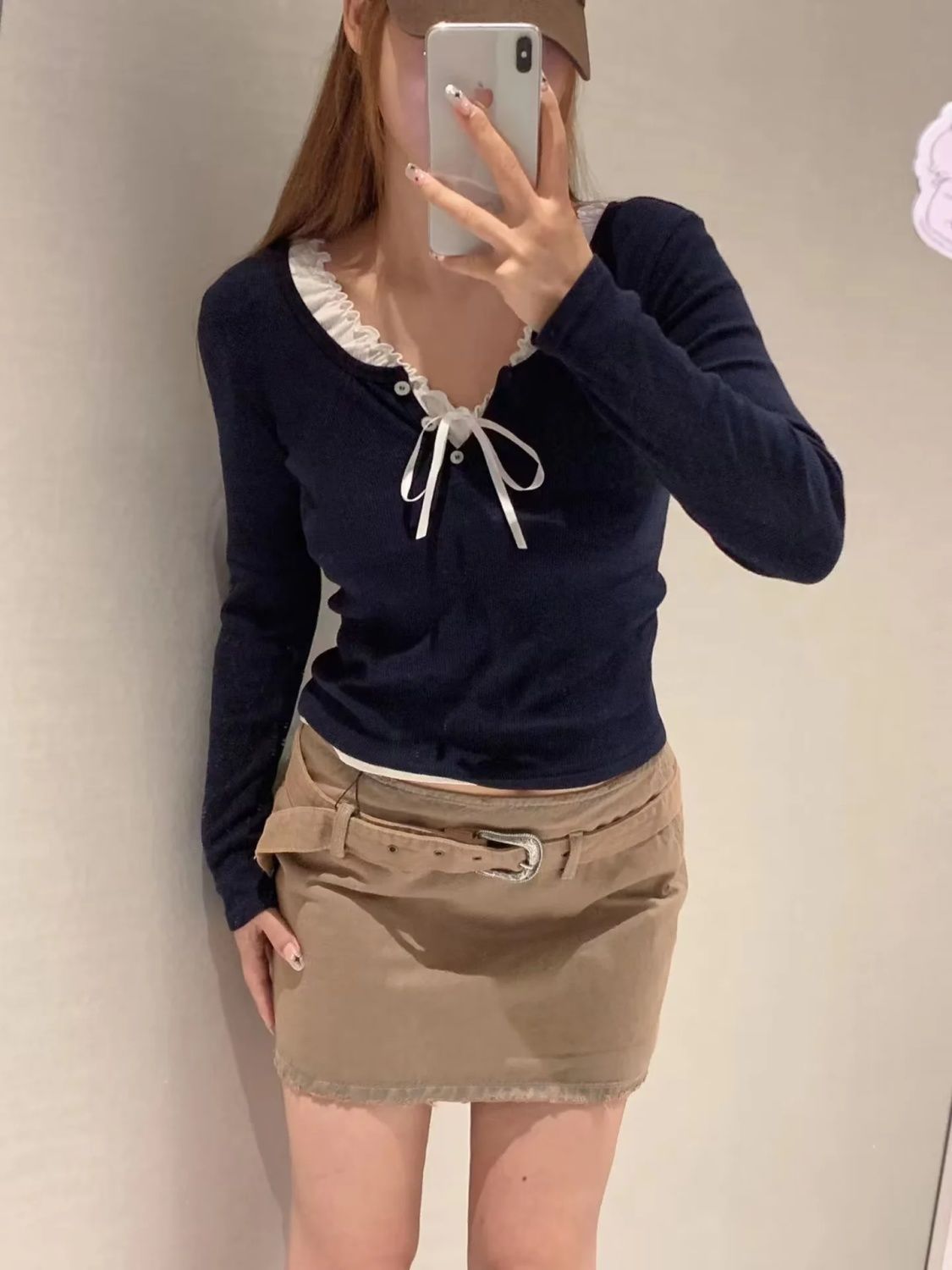 BM風brandy同款修身長袖T恤正肩短款V領上衣打底衫女T恤秋冬新款