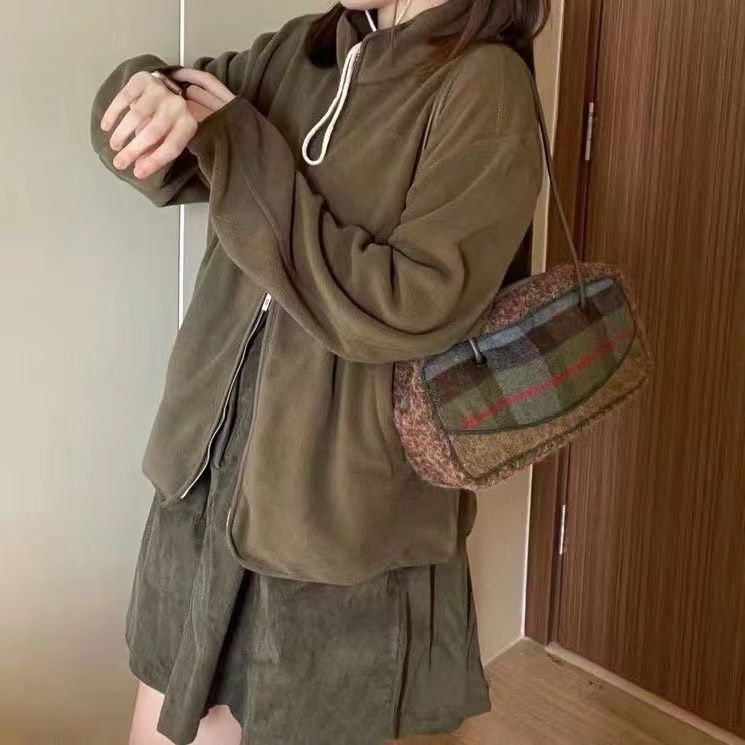 原創秋冬毛呢復古格子法棍包毛絨小眾單肩腋下包包女
