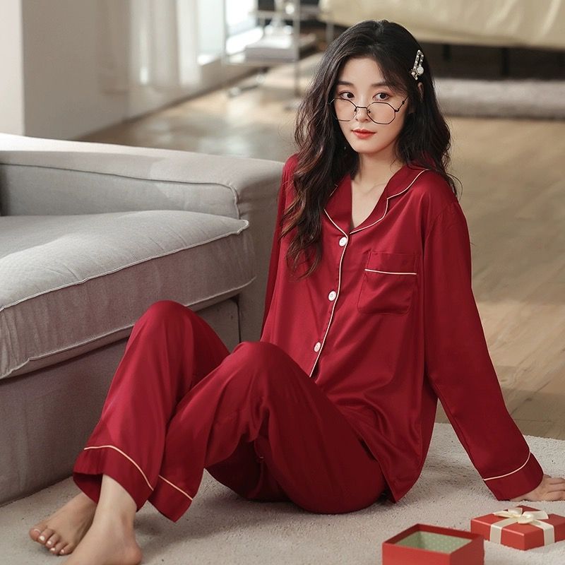 Spring and autumn high-end pajamas for women in the year of birth, ice silk long-sleeved red wedding newlywed solid color home wear set