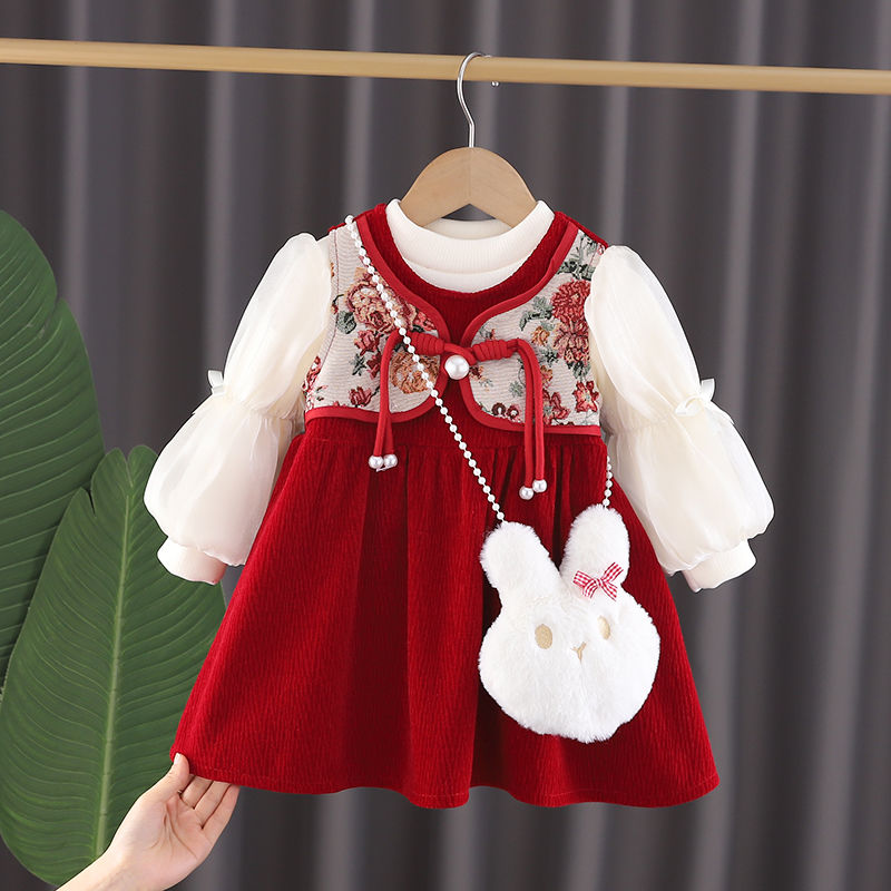 女童加絨連衣裙秋冬2023新款洋氣女孩旗袍裙子兒童兩件套公主裙潮