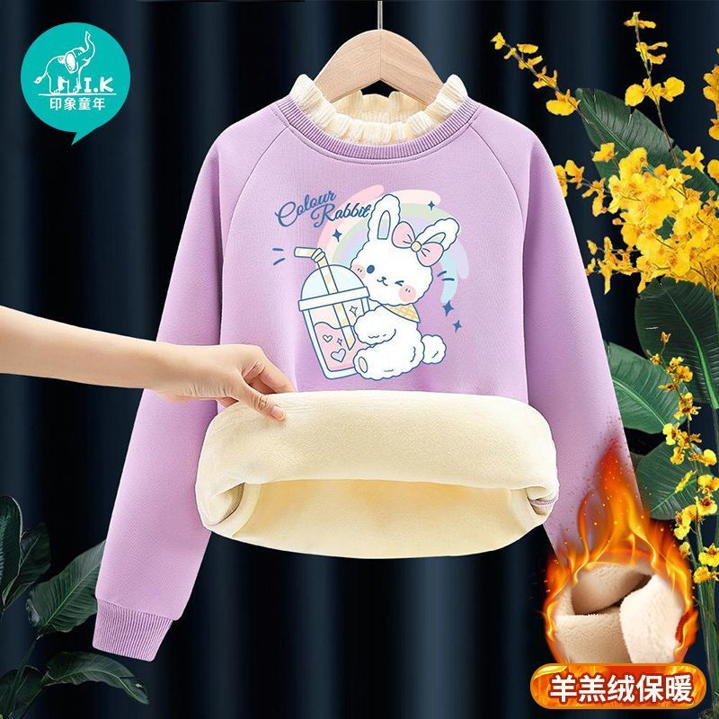 Girls' sweatshirts, thickened velvet, autumn and winter clothes,  new children's tops, girls' fashionable middle-aged children's winter clothes