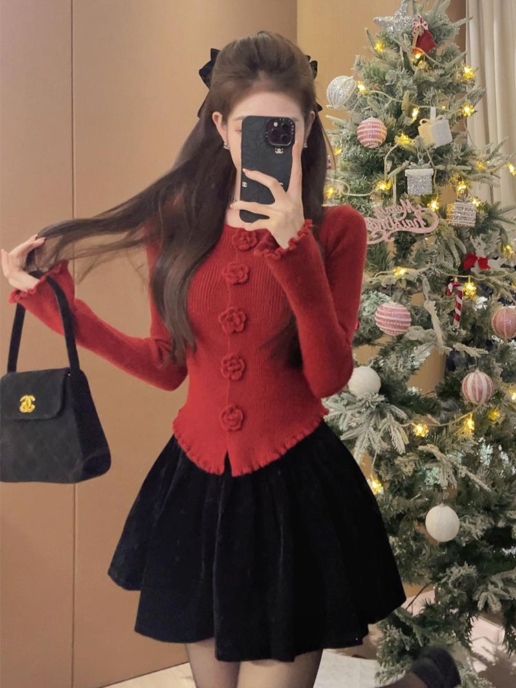 聖誕穿搭新年紅色毛衣女秋冬小香風內搭針織打底衫女顯瘦開衫上衣